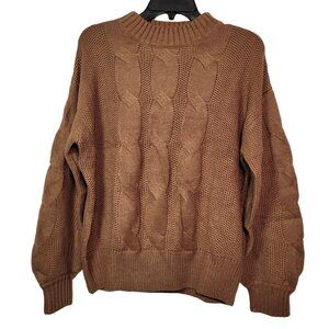 Women's Cable Knit Sweater Long Sleeve Pullover Crew-Neck Coffee Brown Medium
